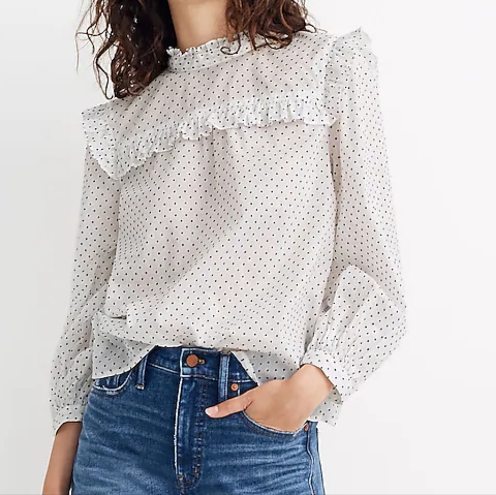 Madewell Mockneck Ruffle Top in Flocked Dot White Black Polkadot Extra Small XS‎